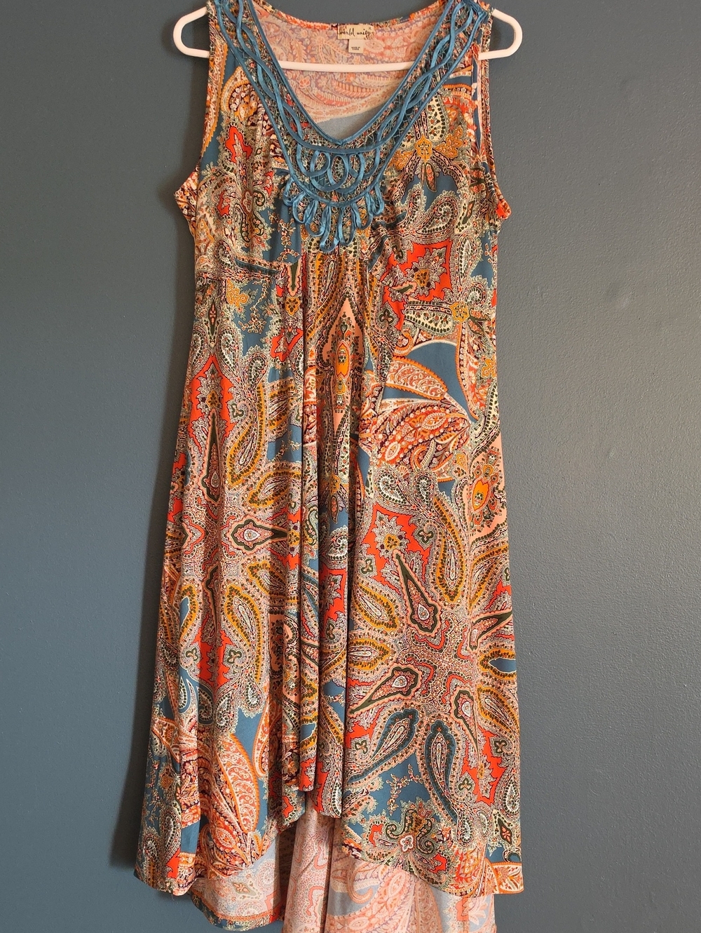 Sleeveless Paisley Midi Dress with Crochet Detail - Blue & Coral